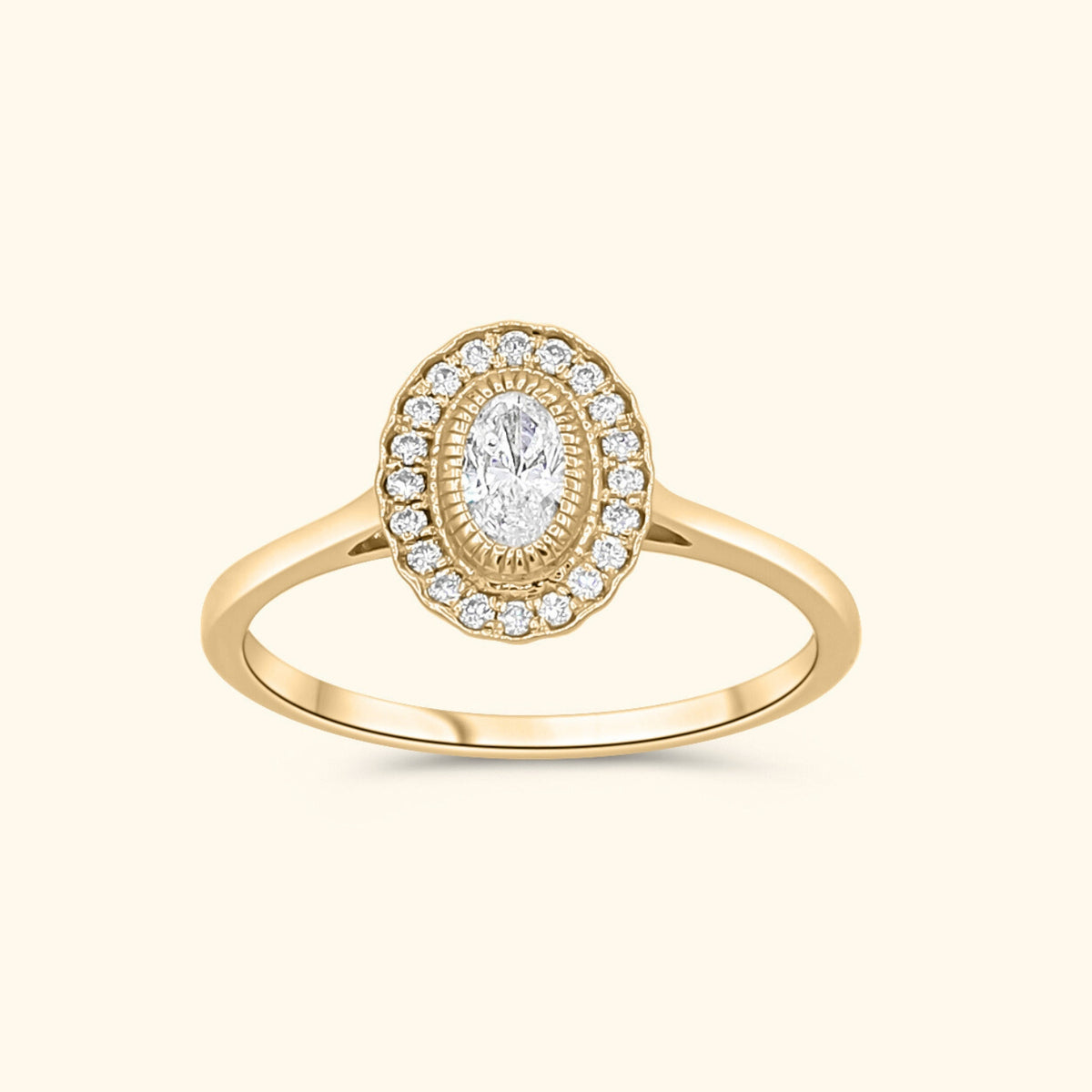 Lina Flower Diamond ring van 9 karaat met ovale diamant en fonkelende halo – Josephina Jewelry